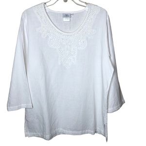 NEW Hot Cotton Linen Top Size Large White Crochet Lagenlook 3/4 Sleeves